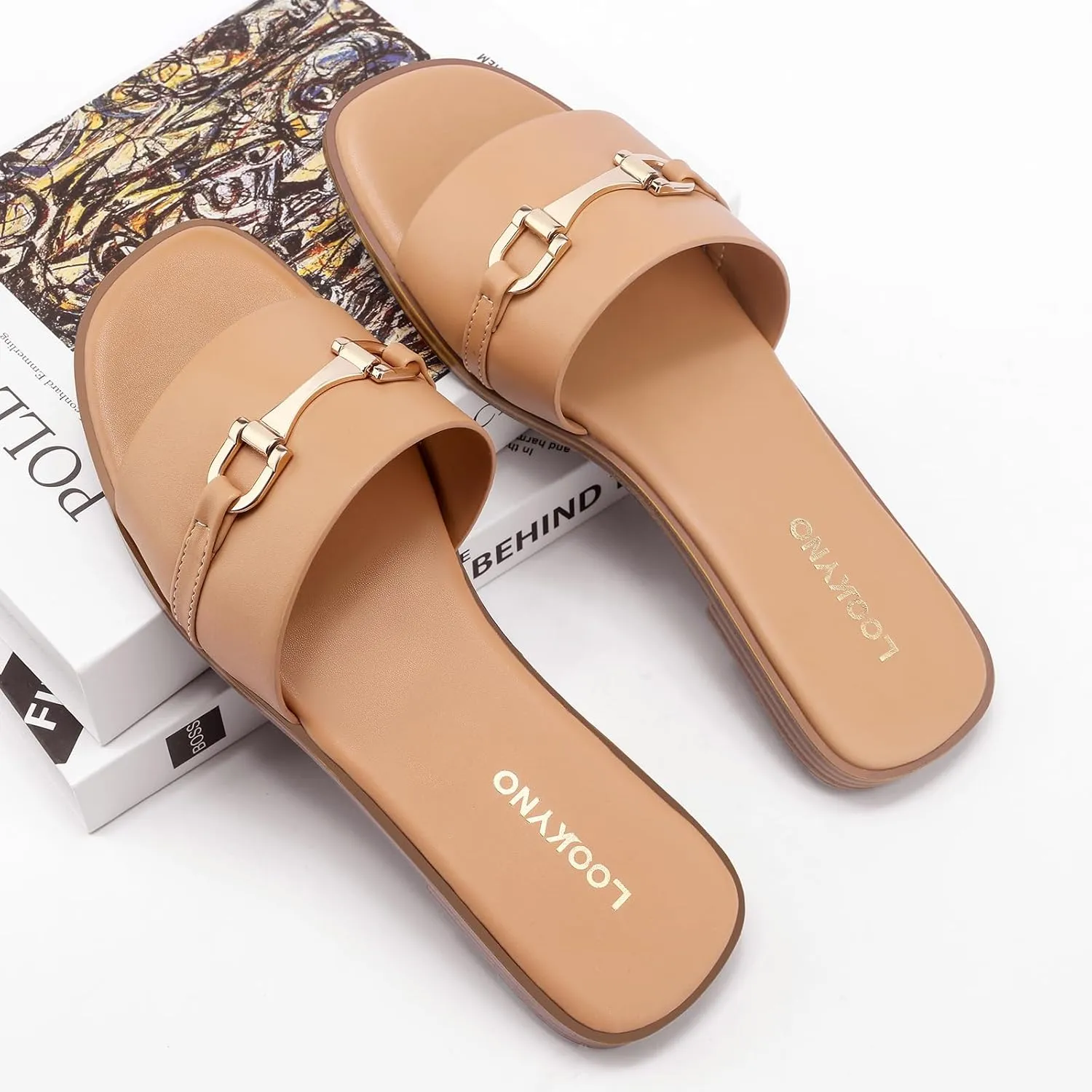Womens Flat Sandals Dressy Square Open Toe Summer Slides Sandals Slip on Comfortable Leather Sandals for Women