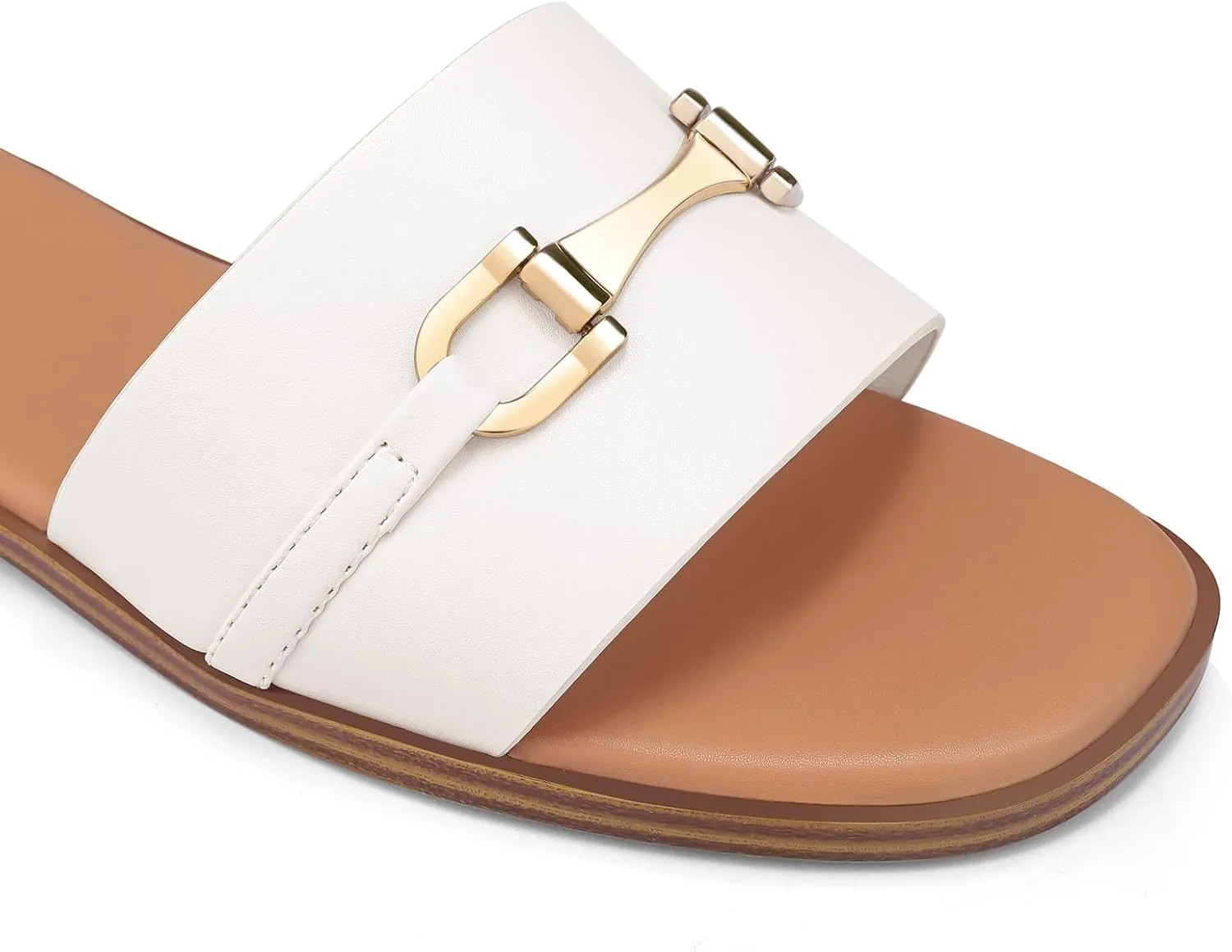 Womens Flat Sandals Dressy Square Open Toe Summer Slides Sandals Slip on Comfortable Leather Sandals for Women