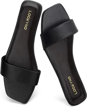 Women's Flat Sandals Square Fashion Basic Sandals Slides Comfortable Slip On Summer for Slippers Casual Peep Toe Beach