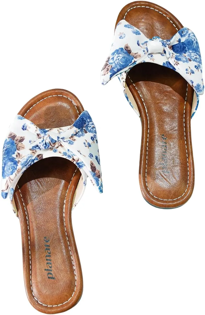 Women's Flat Slide Sandals with Floral Bow, Comfortable Casual Summer Flat Sandals, Open Toe Slide Slippers for Beach, Vacation & Everyday Wear