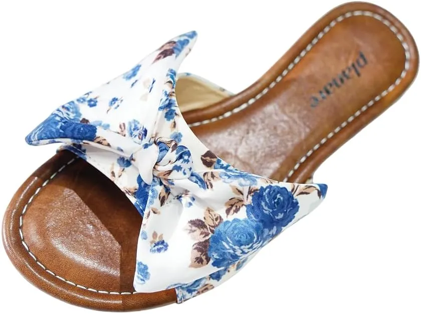 Women's Flat Slide Sandals with Floral Bow, Comfortable Casual Summer Flat Sandals, Open Toe Slide Slippers for Beach, Vacation & Everyday Wear