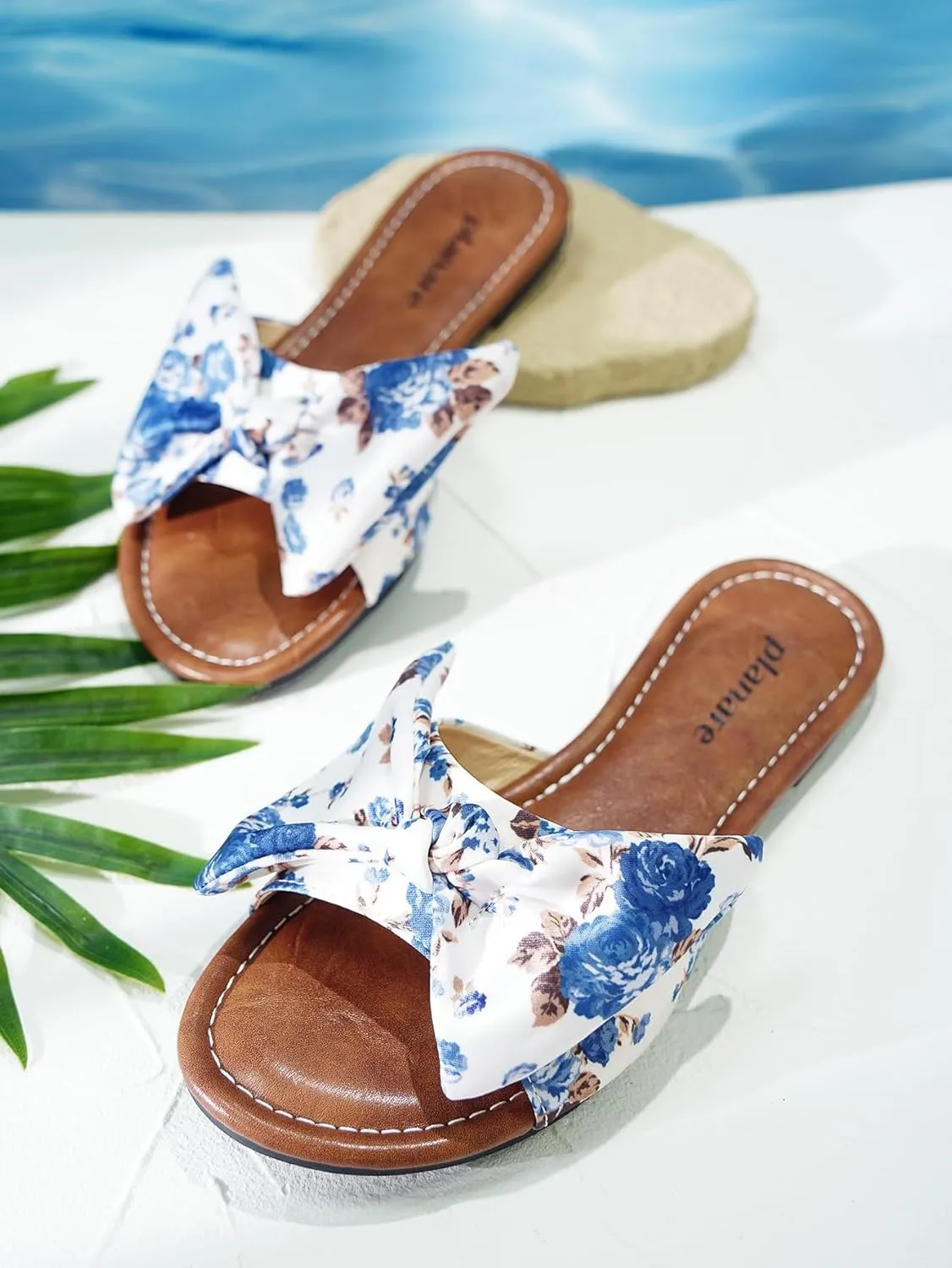 Women's Flat Slide Sandals with Floral Bow, Comfortable Casual Summer Flat Sandals, Open Toe Slide Slippers for Beach, Vacation & Everyday Wear