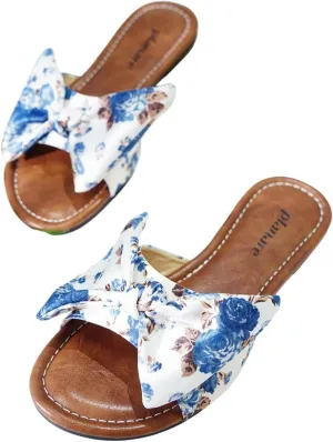 Women's Flat Slide Sandals with Floral Bow, Comfortable Casual Summer Flat Sandals, Open Toe Slide Slippers for Beach, Vacation & Everyday Wear