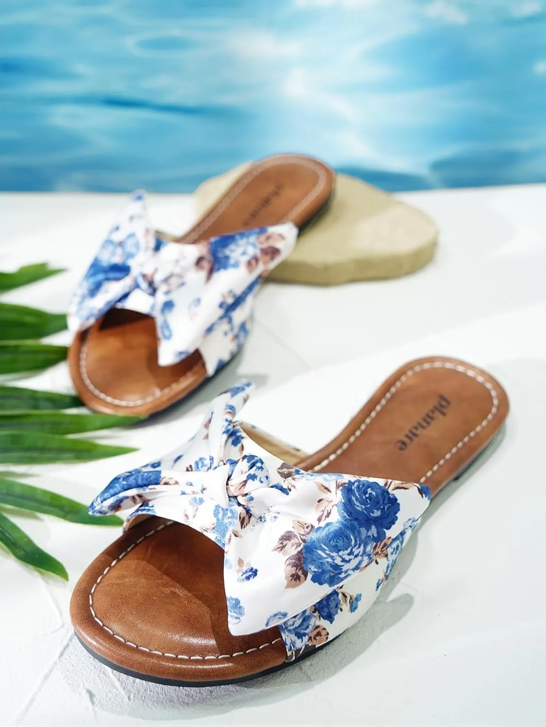 Women's Flat Slide Sandals with Floral Bow, Comfortable Casual Summer Flat Sandals, Open Toe Slide Slippers for Beach, Vacation & Everyday Wear