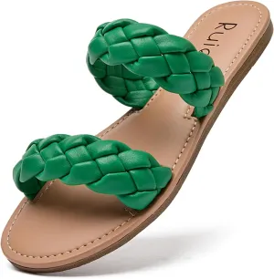 Women's Flat Slides Sandals, Summer Slippers Comfortable Braided Strap Round Open Toe Casual Beach Shoes for Women.
