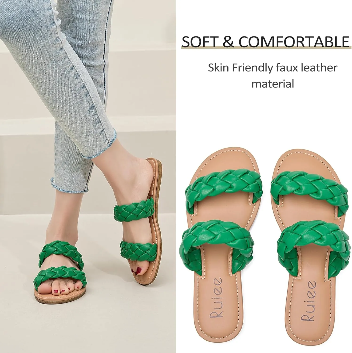 Women's Flat Slides Sandals, Summer Slippers Comfortable Braided Strap Round Open Toe Casual Beach Shoes for Women.