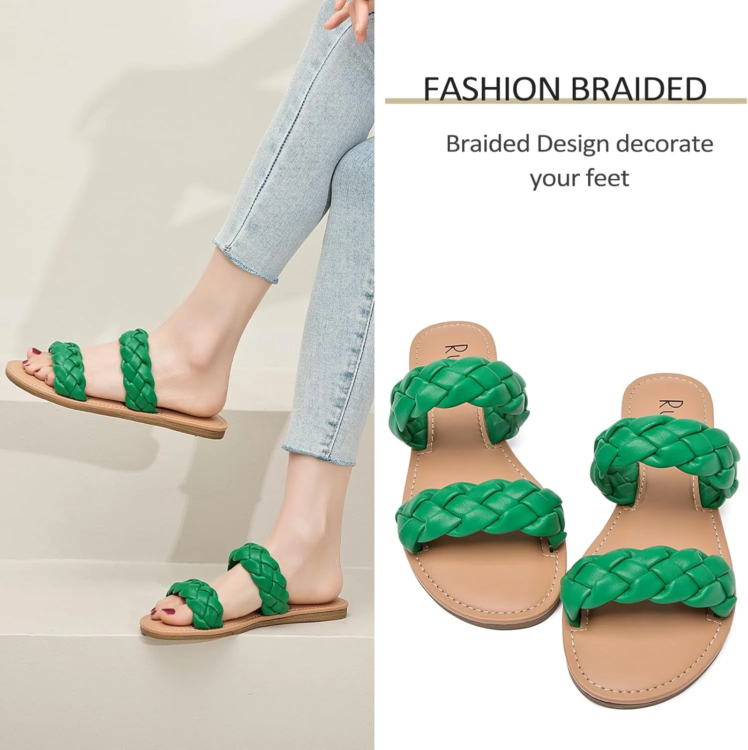 Women's Flat Slides Sandals, Summer Slippers Comfortable Braided Strap Round Open Toe Casual Beach Shoes for Women.
