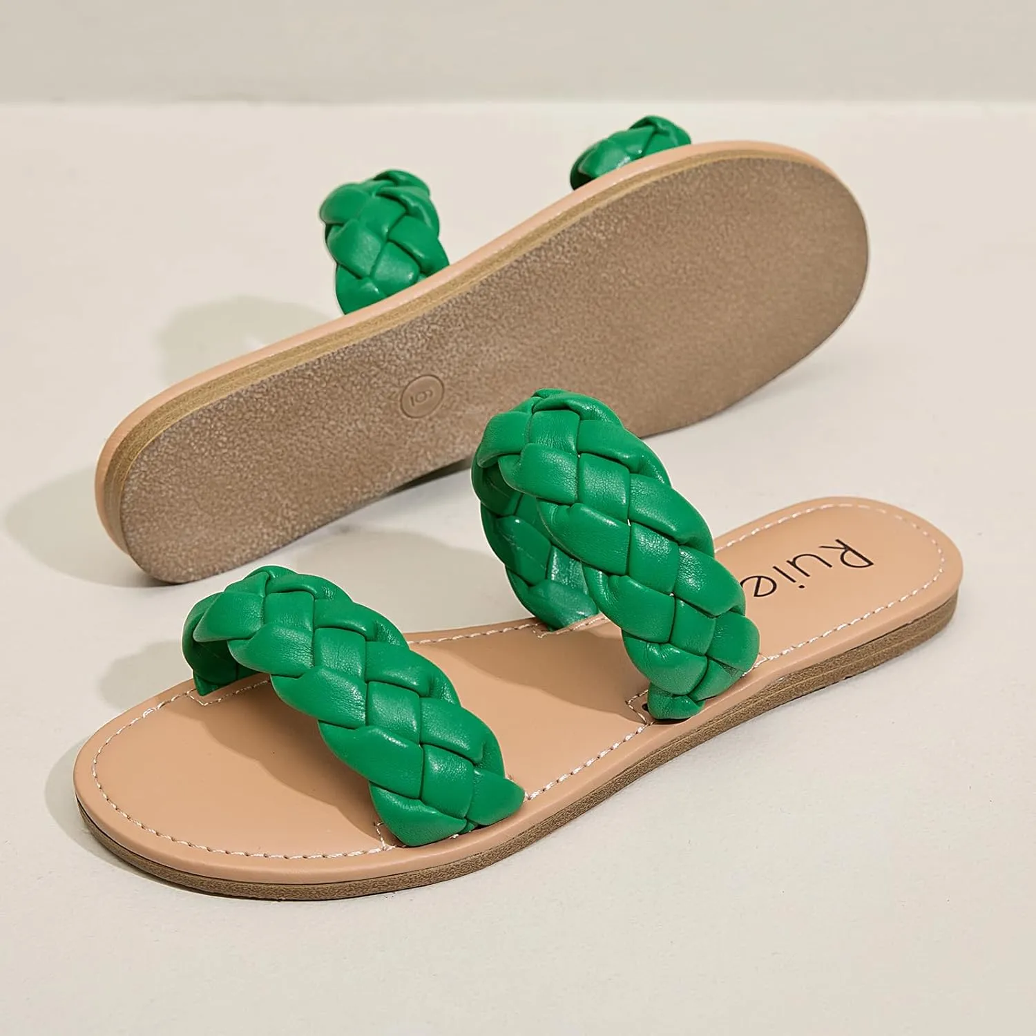 Women's Flat Slides Sandals, Summer Slippers Comfortable Braided Strap Round Open Toe Casual Beach Shoes for Women.