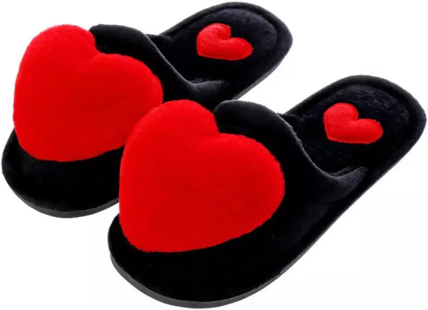 Women's Heart Love Fuzzy Slippers - Black Slide-On, Fluffy & Comfortable Indoor Cozy Slippers