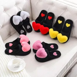 Women's Heart Love Fuzzy Slippers - Black Slide-On, Fluffy & Comfortable Indoor Cozy Slippers