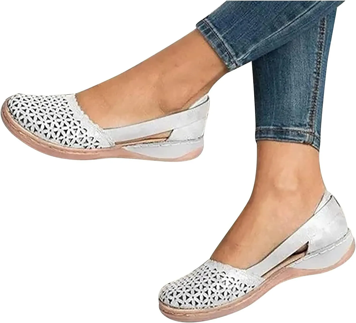 Women's Hollow Wedge Sandals Round Closed Toe Soft Loafers Outdoor Walking Shoes Comfortable Breathable Elastic Sandals Summer Lightweight Slip-on Beach Casual Sandal