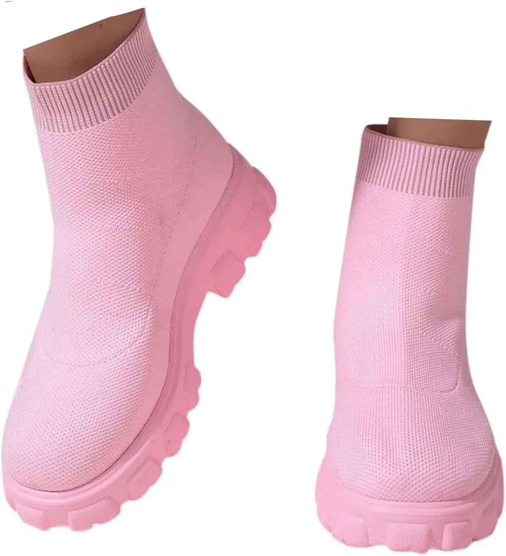 Women's Knit Sock Chelsea Boots Fashion Slip on Platform Ankle Boots Stretch Mesh Lug Sole Chunky Slip On Booties