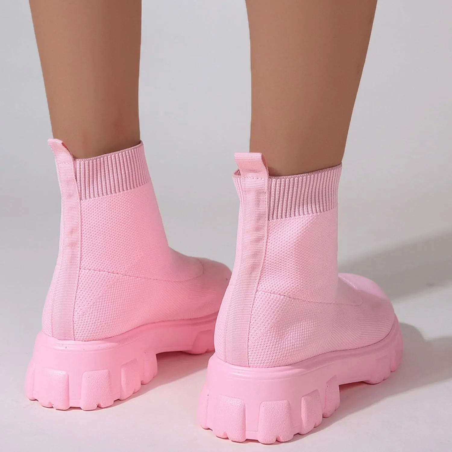Women's Knit Sock Chelsea Boots Fashion Slip on Platform Ankle Boots Stretch Mesh Lug Sole Chunky Slip On Booties