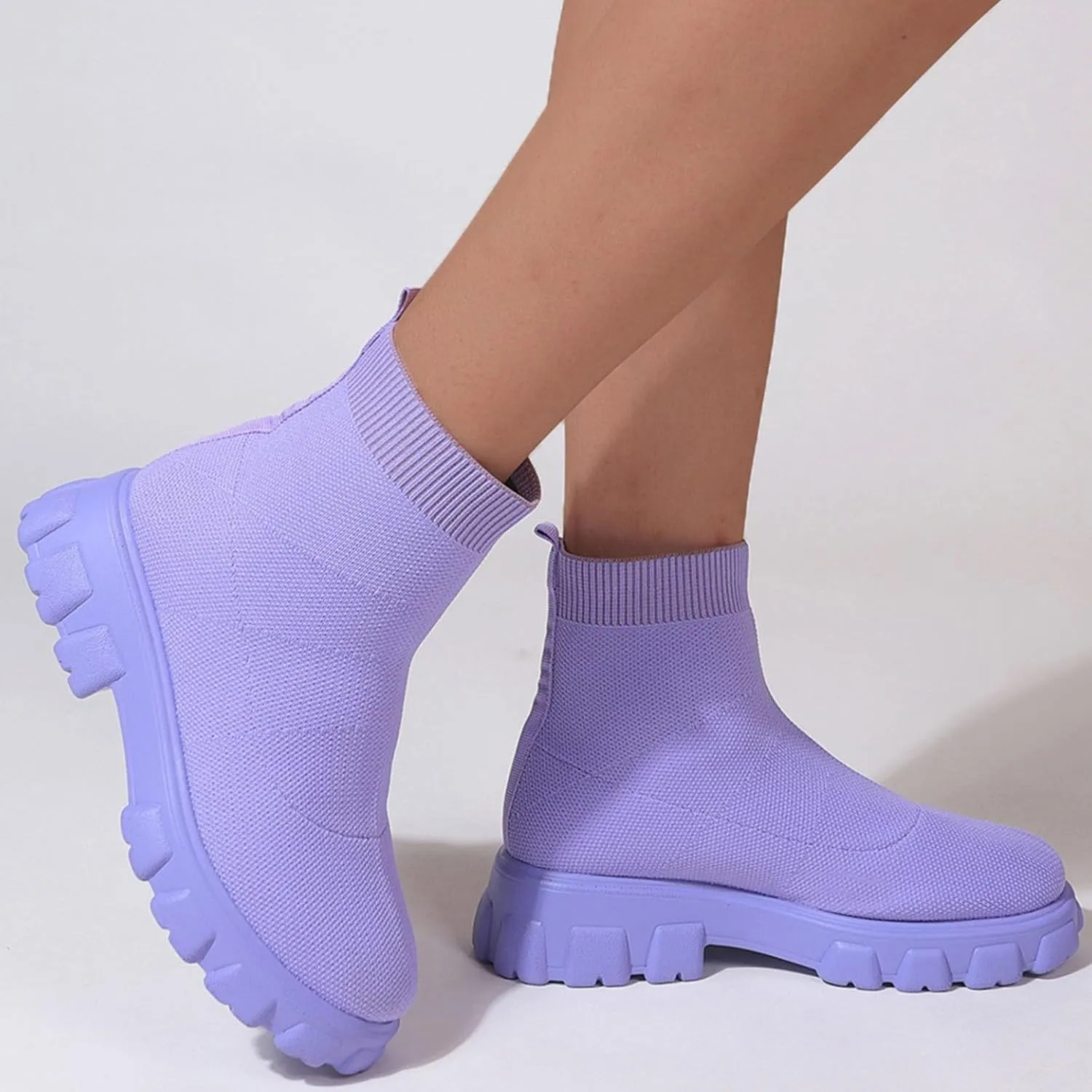 Women's Knit Sock Chelsea Boots Fashion Slip on Platform Ankle Boots Stretch Mesh Lug Sole Chunky Slip On Booties