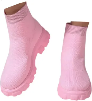 Women's Knit Sock Chelsea Boots Fashion Slip on Platform Ankle Boots Stretch Mesh Lug Sole Chunky Slip On Booties