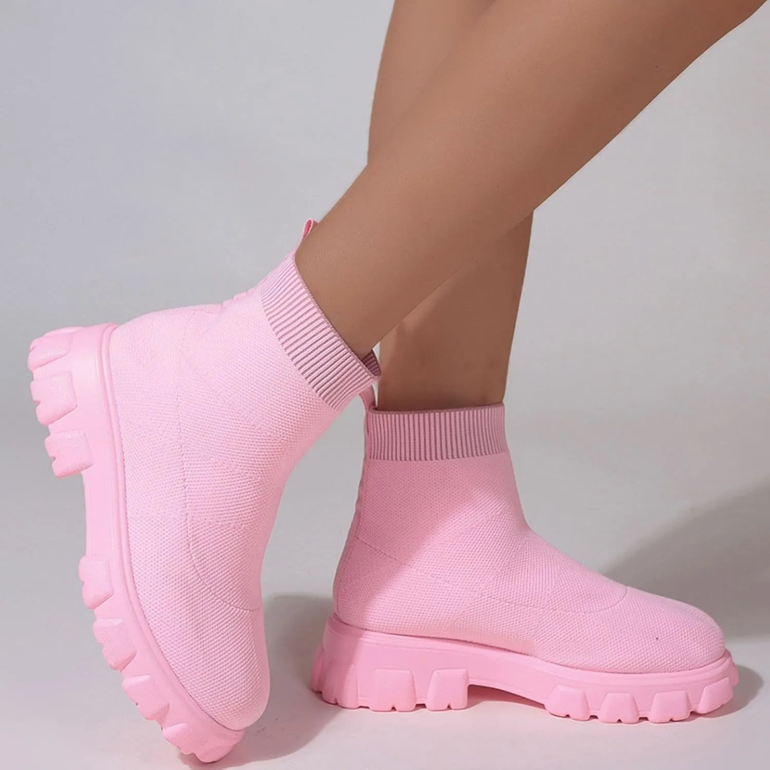 Women's Knit Sock Chelsea Boots Fashion Slip on Platform Ankle Boots Stretch Mesh Lug Sole Chunky Slip On Booties