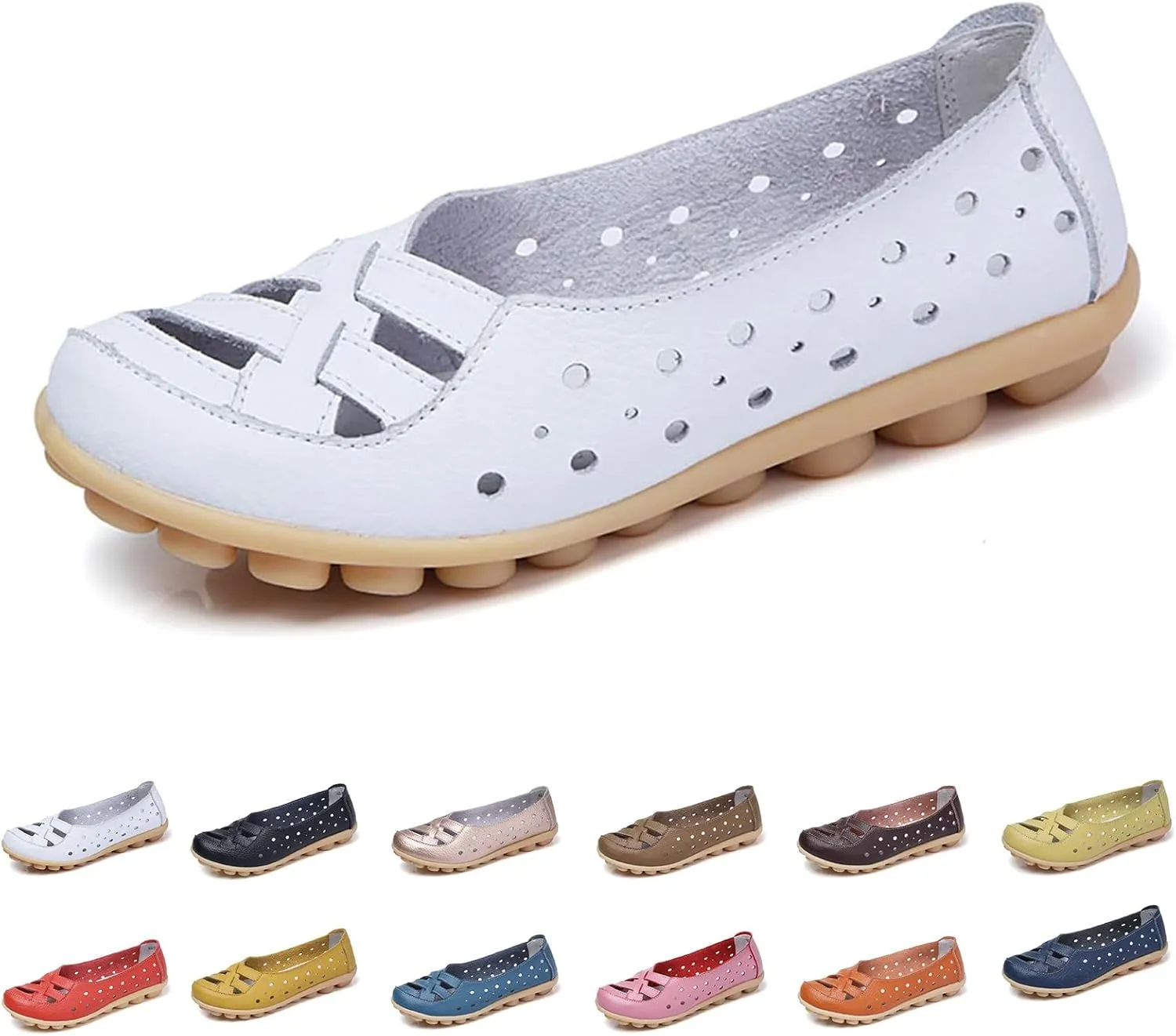 Womens Loafers Comfortable Dressy Slip-On Leather Flats Shoes Comfort Casual Walking Driving Flats Loafers Hollow Out Breathable Vacation Sandals for Women