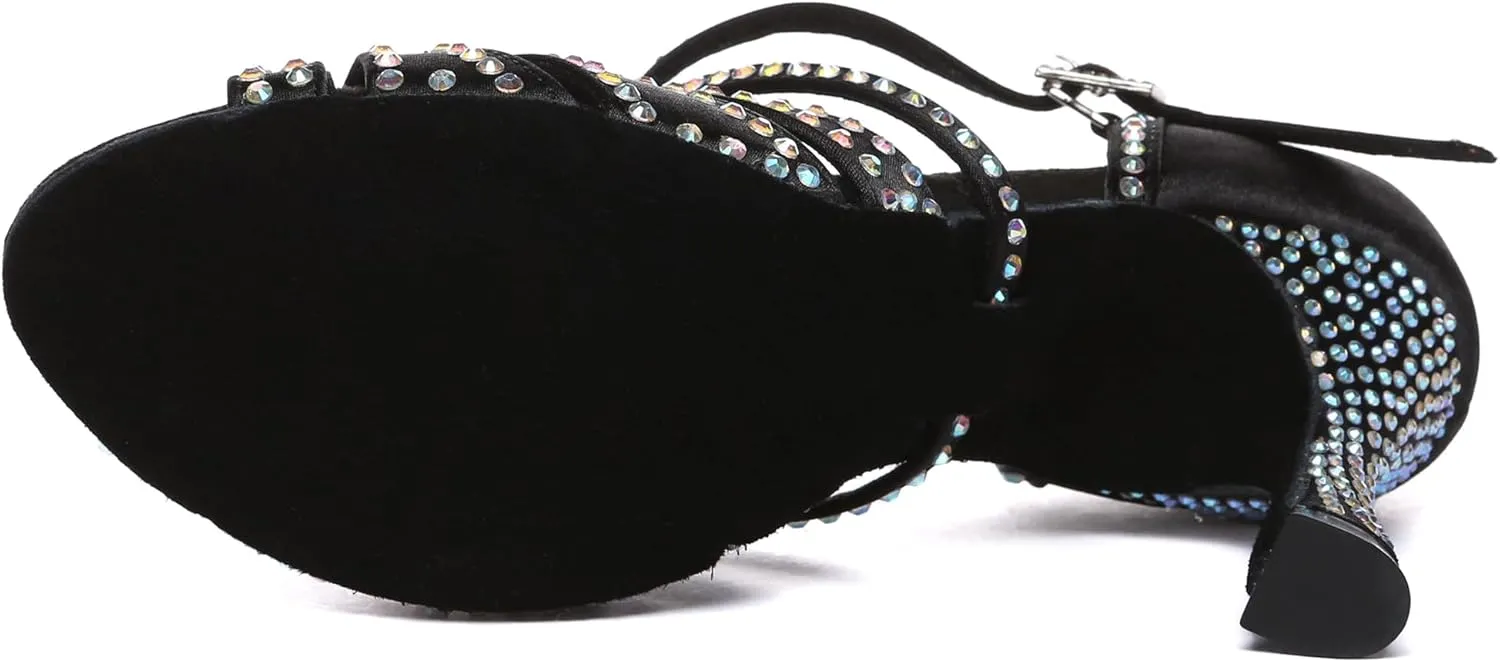 Womens Low High Heel Dance Shoes with Rhinestones Comfortable Wedding Evening Sandals