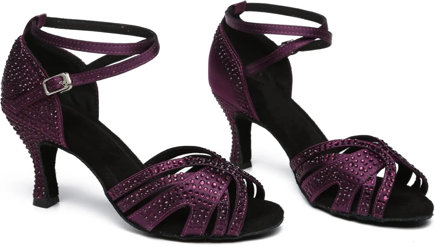 Womens Low High Heel Dance Shoes with Rhinestones Comfortable Wedding Evening Sandals