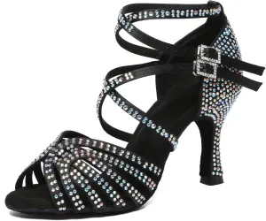 Womens Low High Heel Dance Shoes with Rhinestones Comfortable Wedding Evening Sandals