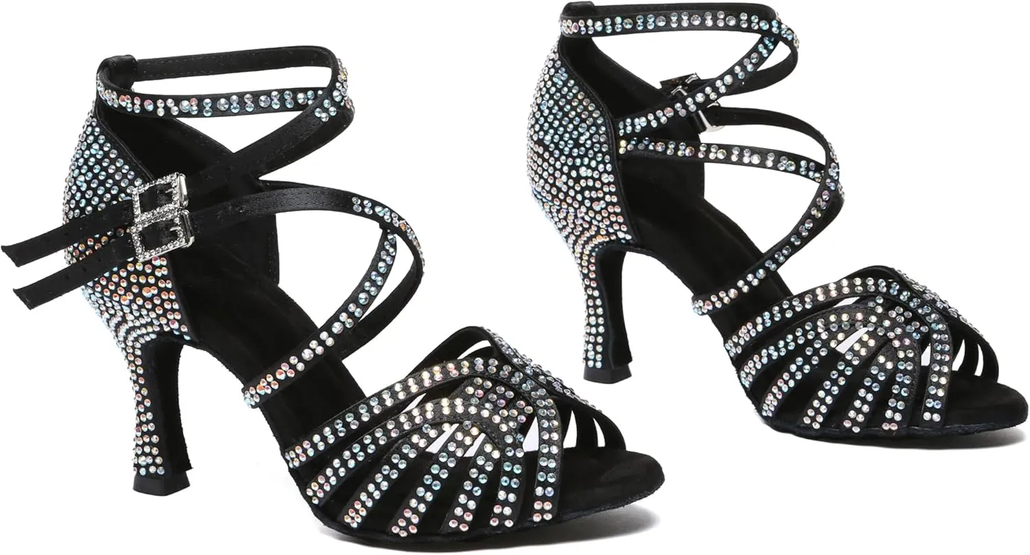 Womens Low High Heel Dance Shoes with Rhinestones Comfortable Wedding Evening Sandals