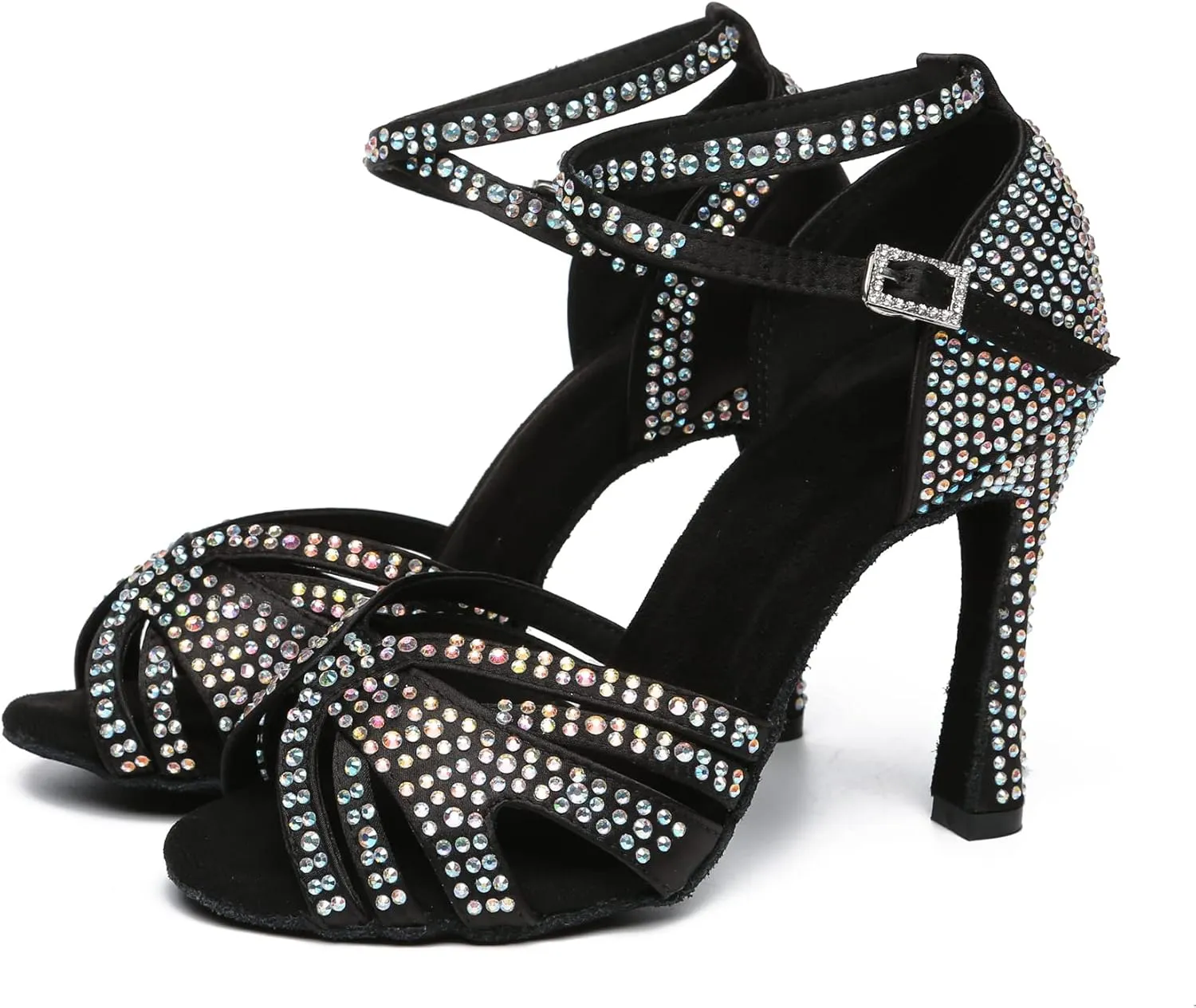 Womens Low High Heel Dance Shoes with Rhinestones Comfortable Wedding Evening Sandals