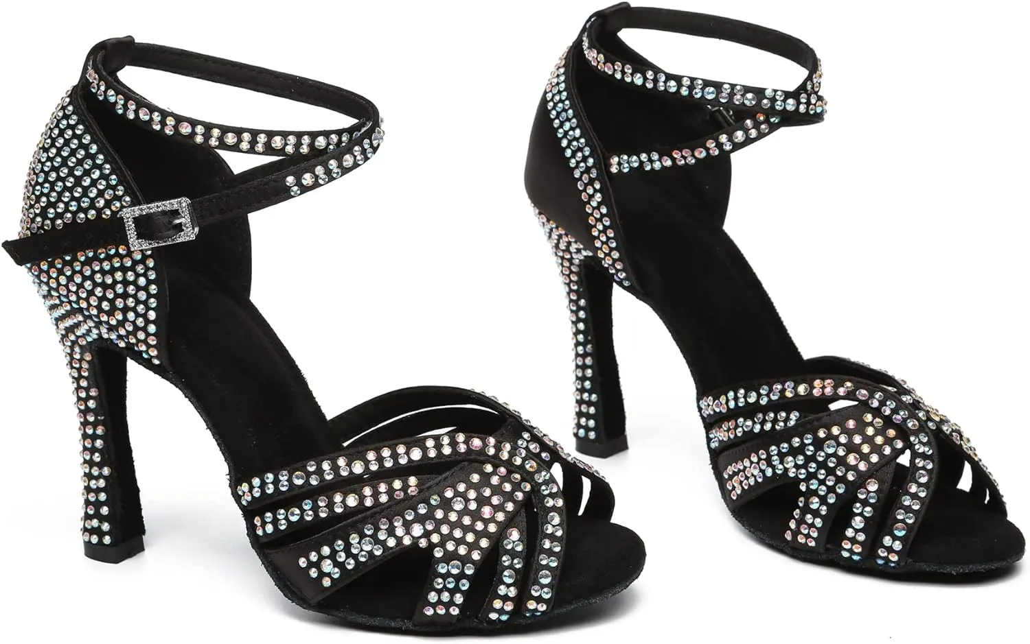 Womens Low High Heel Dance Shoes with Rhinestones Comfortable Wedding Evening Sandals