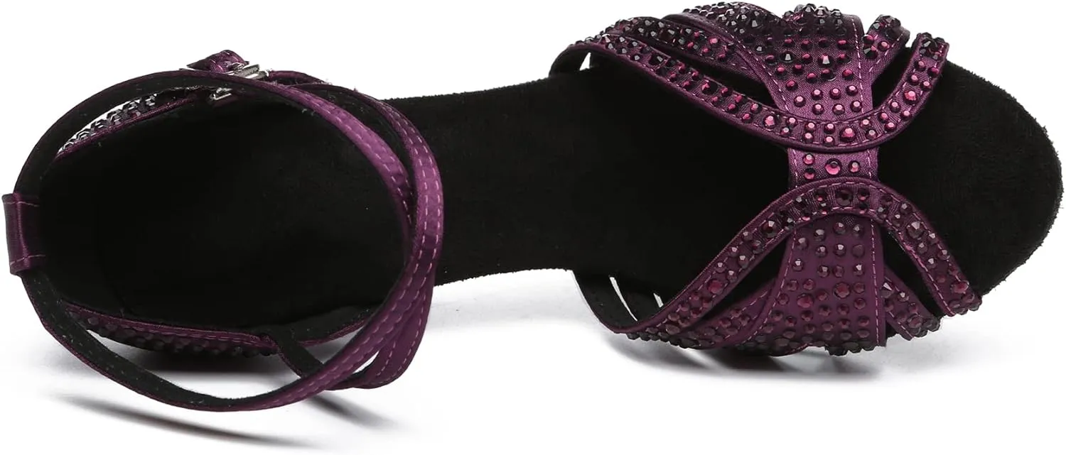 Womens Low High Heel Dance Shoes with Rhinestones Comfortable Wedding Evening Sandals