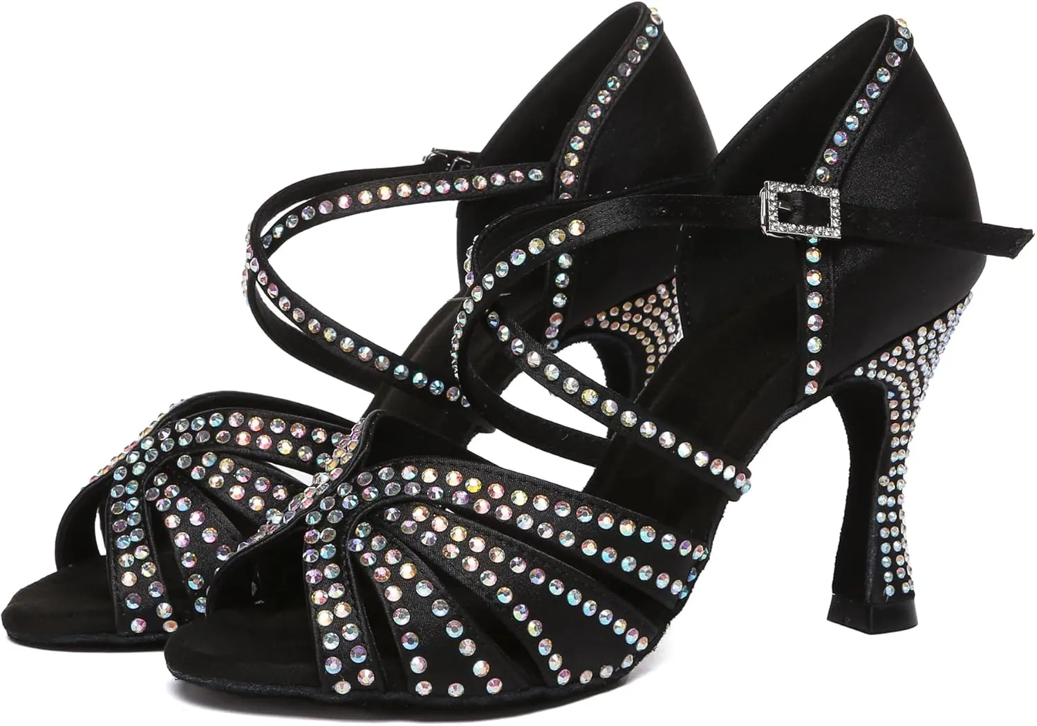 Womens Low High Heel Dance Shoes with Rhinestones Comfortable Wedding Evening Sandals
