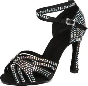 Womens Low High Heel Dance Shoes with Rhinestones Comfortable Wedding Evening Sandals