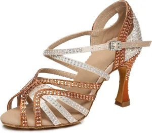 Womens Low High Heel Dance Shoes with Rhinestones Comfortable Wedding Evening Sandals