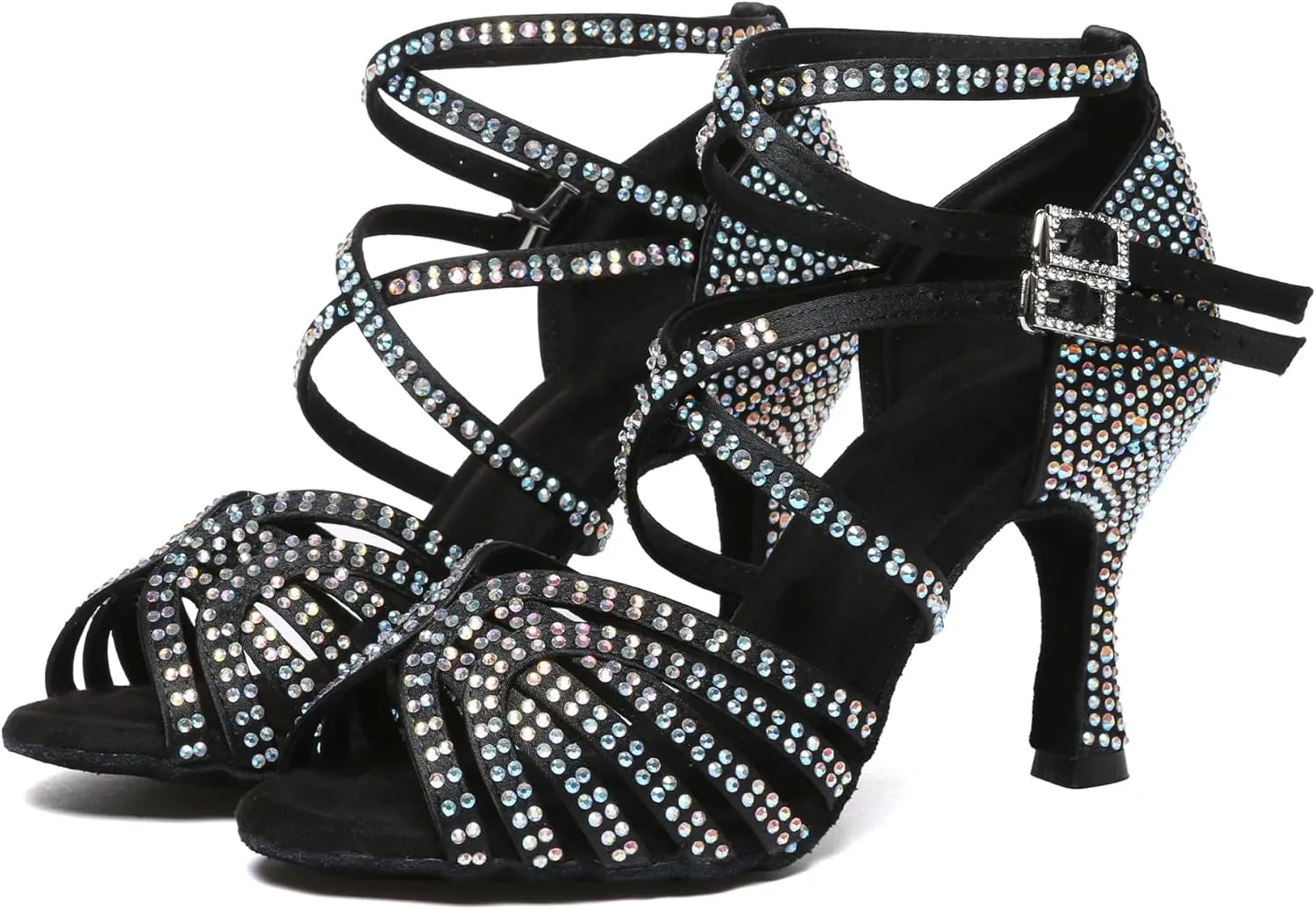Womens Low High Heel Dance Shoes with Rhinestones Comfortable Wedding Evening Sandals