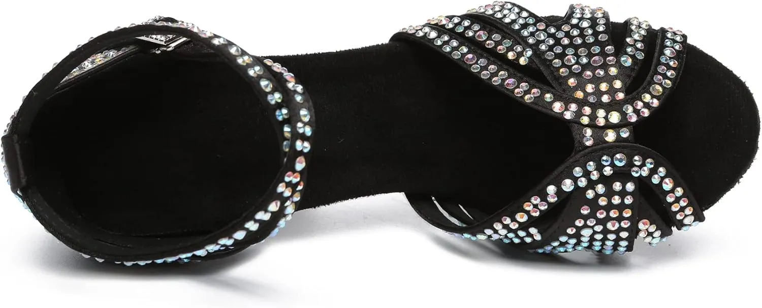 Womens Low High Heel Dance Shoes with Rhinestones Comfortable Wedding Evening Sandals