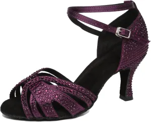 Womens Low High Heel Dance Shoes with Rhinestones Comfortable Wedding Evening Sandals