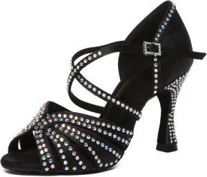 Womens Low High Heel Dance Shoes with Rhinestones Comfortable Wedding Evening Sandals