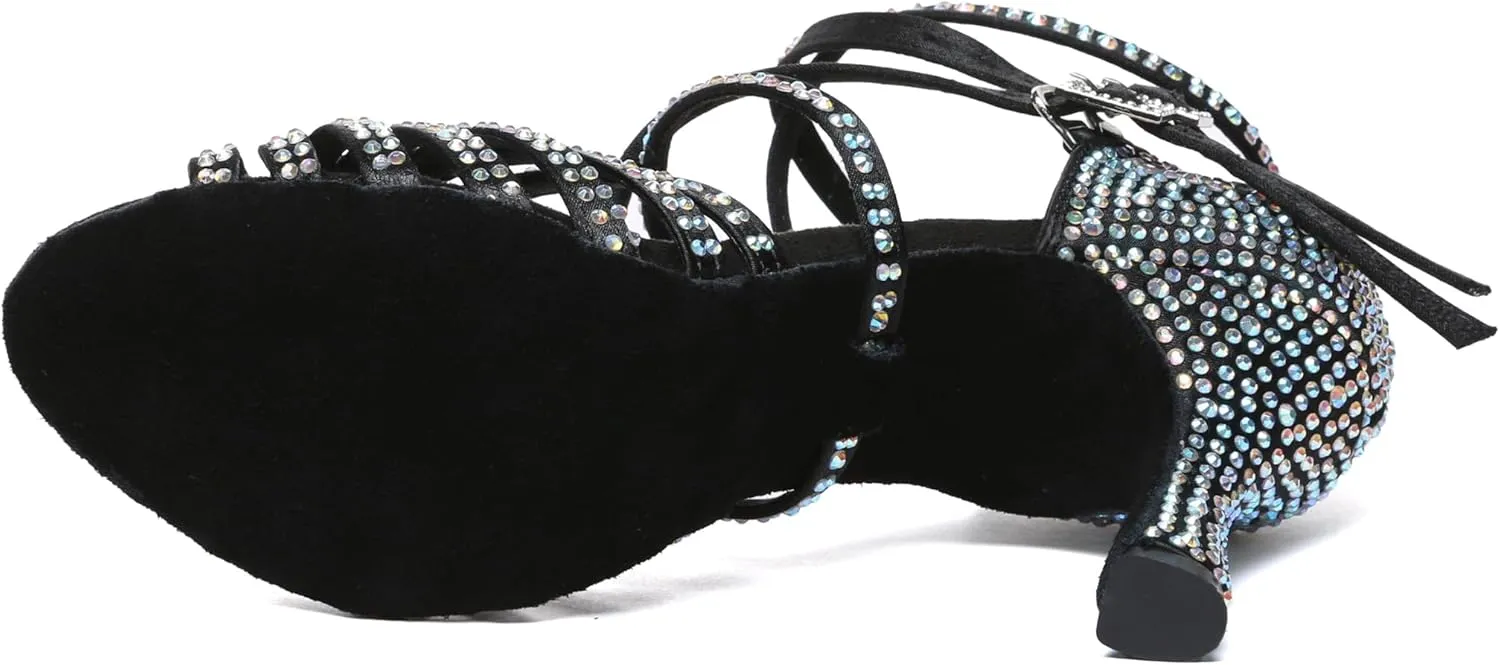 Womens Low High Heel Dance Shoes with Rhinestones Comfortable Wedding Evening Sandals