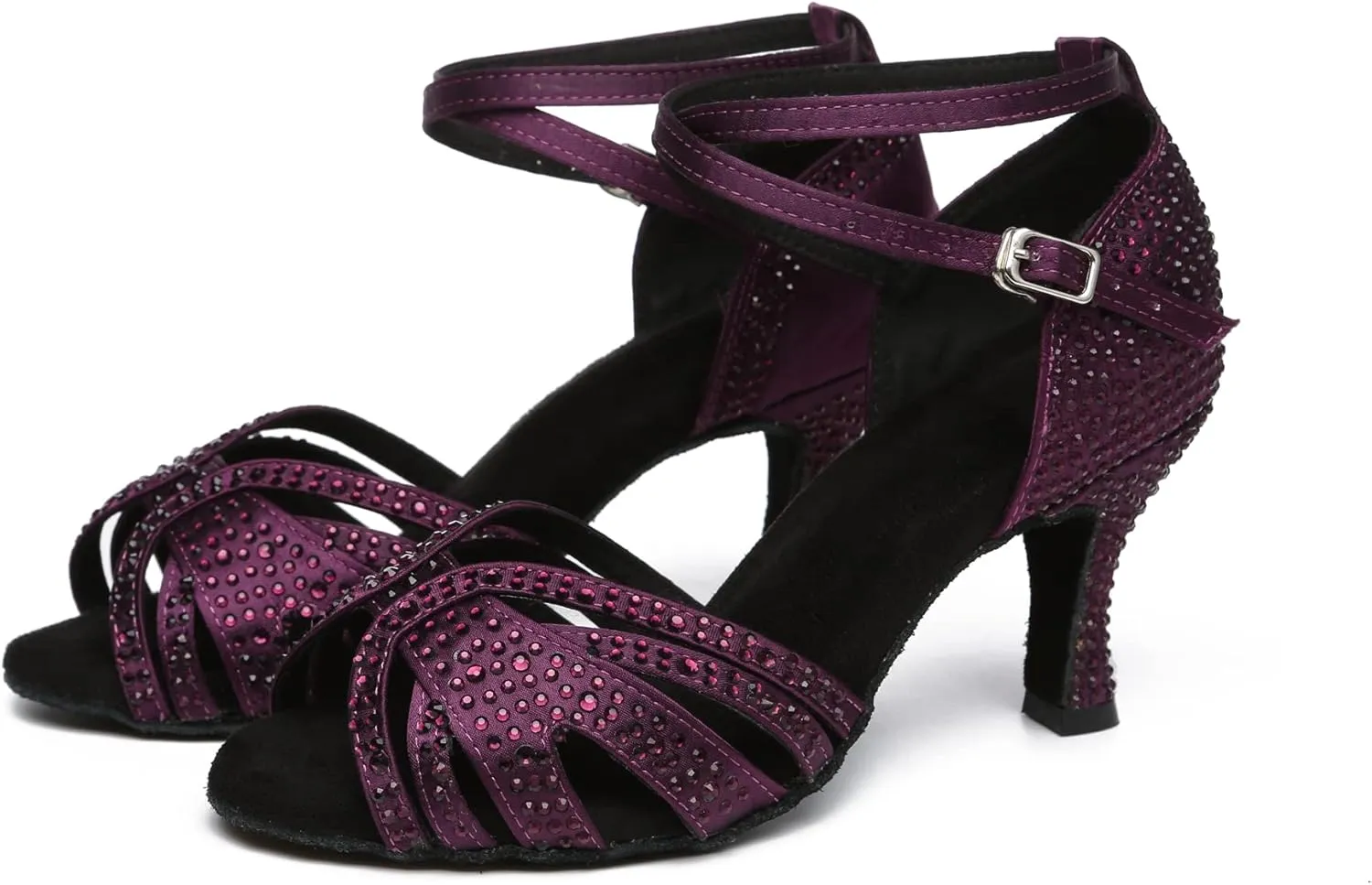Womens Low High Heel Dance Shoes with Rhinestones Comfortable Wedding Evening Sandals