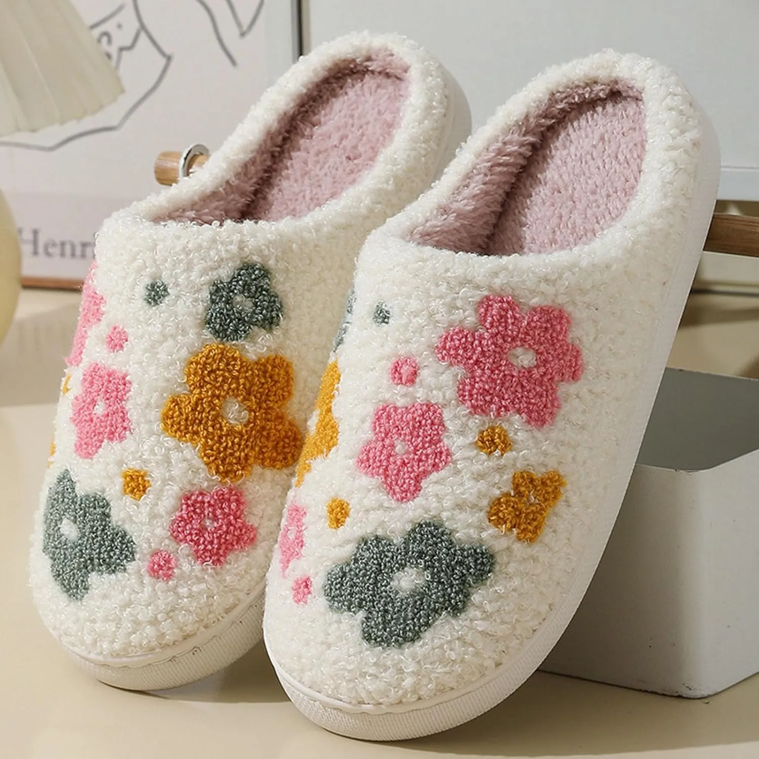 Womens Mens Slip on House Slippers Memory Foam Slippers Scuff Outdoor Indoor Warm Plush Bedroom Shoes