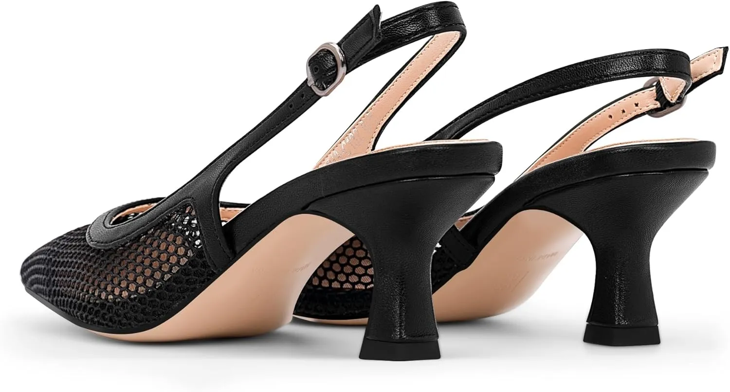 Women's Mesh Slingback Kitten Heel Pumps Closed Square Toe Slip-On Comfortable Dress Shoes