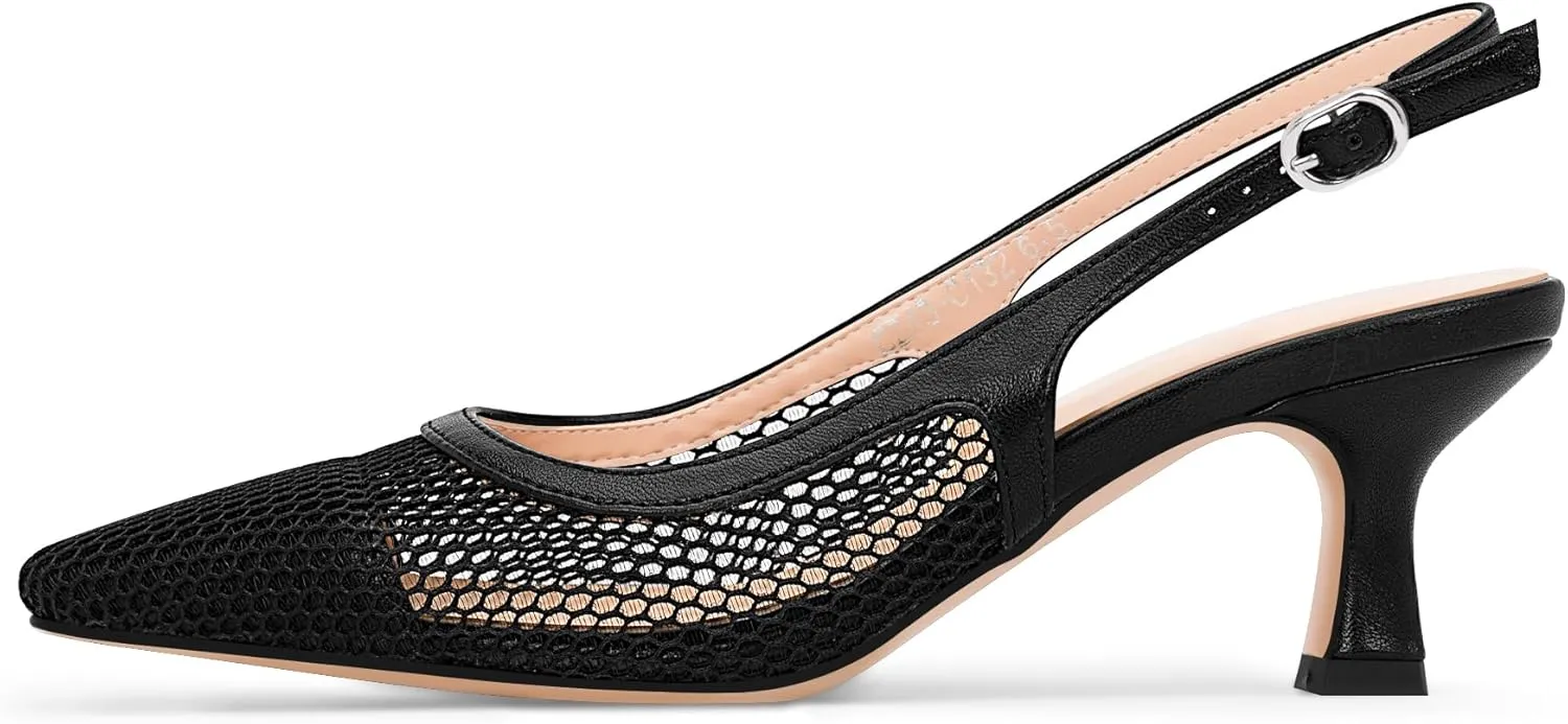 Women's Mesh Slingback Kitten Heel Pumps Closed Square Toe Slip-On Comfortable Dress Shoes