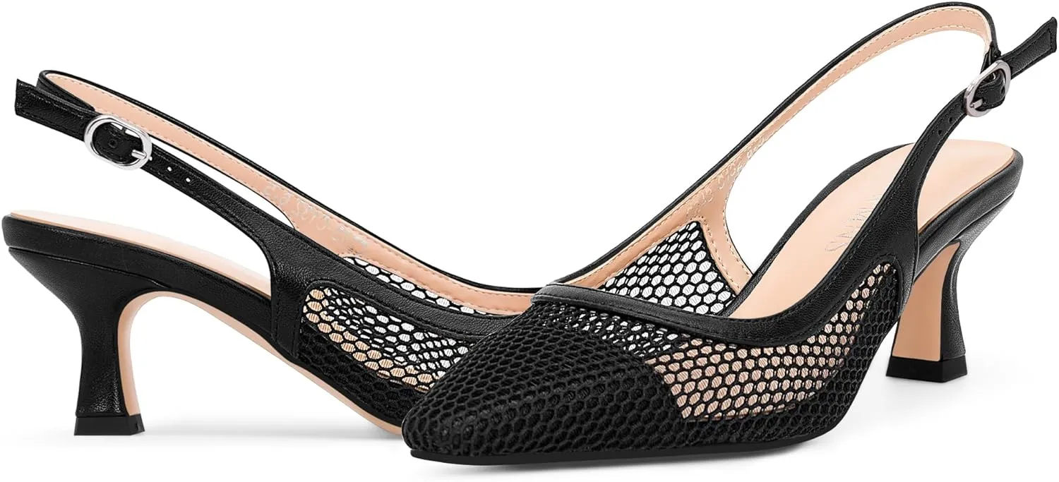 Women's Mesh Slingback Kitten Heel Pumps Closed Square Toe Slip-On Comfortable Dress Shoes
