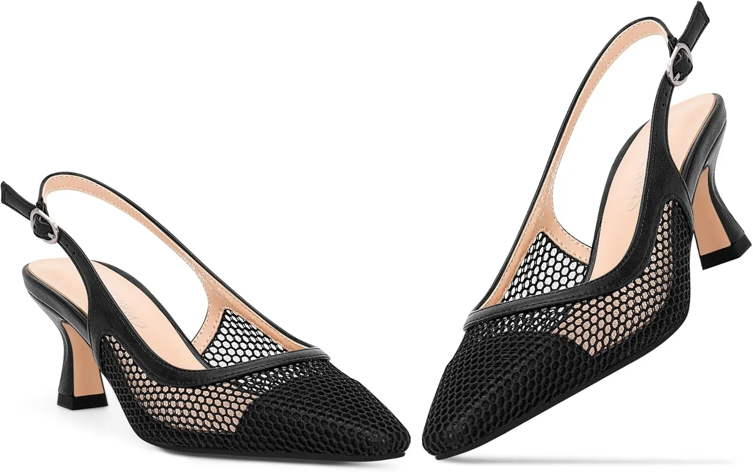 Women's Mesh Slingback Kitten Heel Pumps Closed Square Toe Slip-On Comfortable Dress Shoes