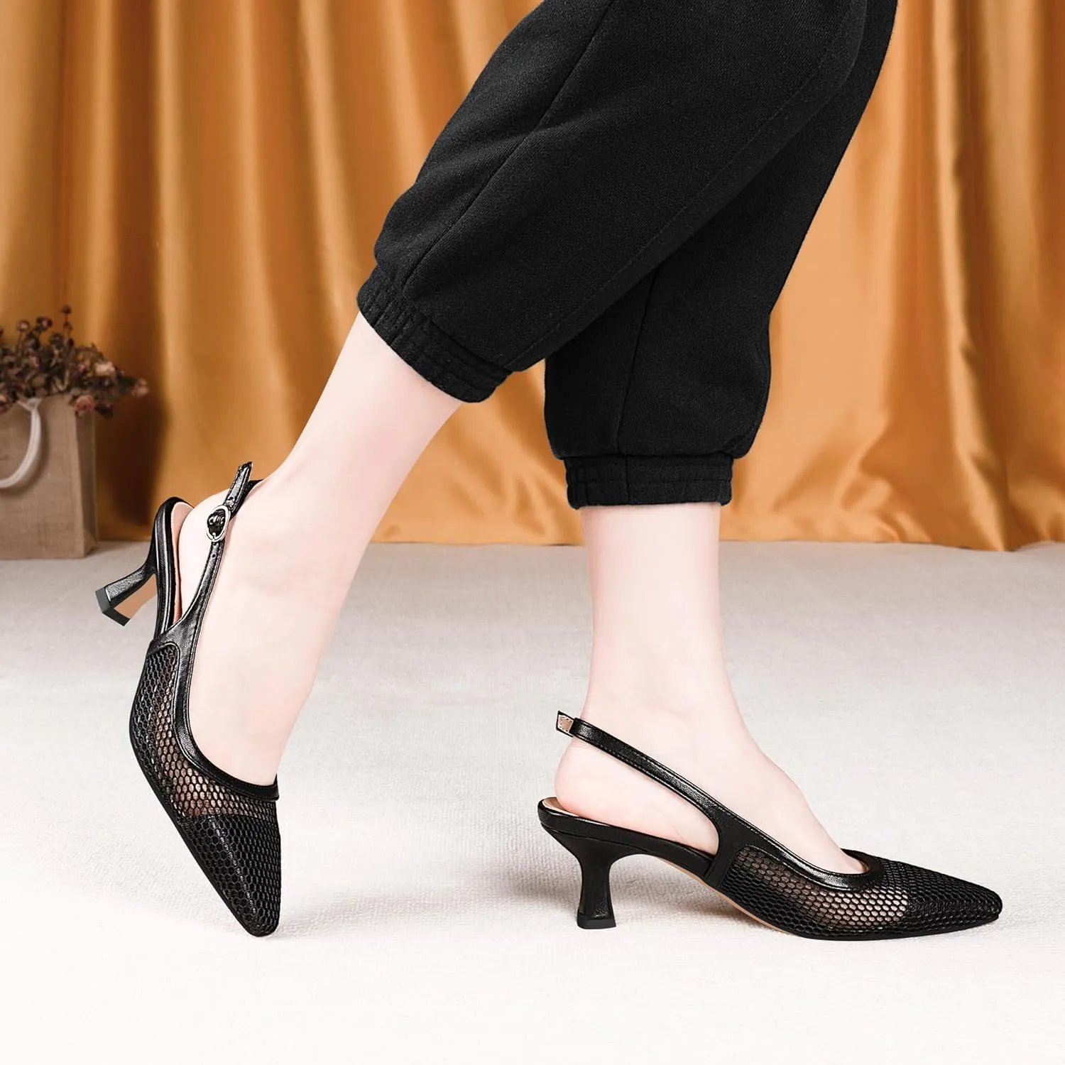 Women's Mesh Slingback Kitten Heel Pumps Closed Square Toe Slip-On Comfortable Dress Shoes