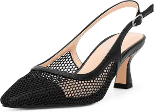 Women's Mesh Slingback Kitten Heel Pumps Closed Square Toe Slip-On Comfortable Dress Shoes