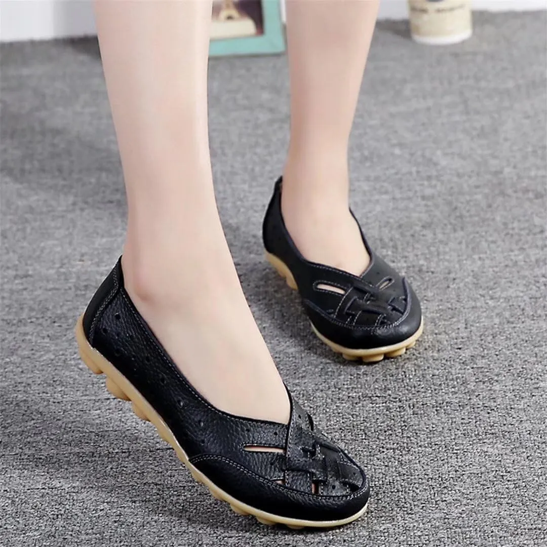 Women's Orthopedic Breathable Leather Loafers Hollow Cutout Comfortable Soft Flats Slip On Sandals for Summer Cowhide Leather Casual Shoes