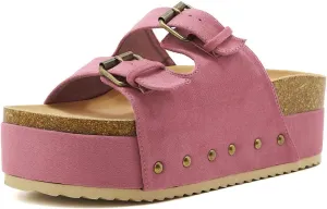 Women's Platform Slide Sandals Comfortable Cork Footbed Studded Clogs Adjustable Buckle Straps Open Toe Flatform Sandal Summer Slipper