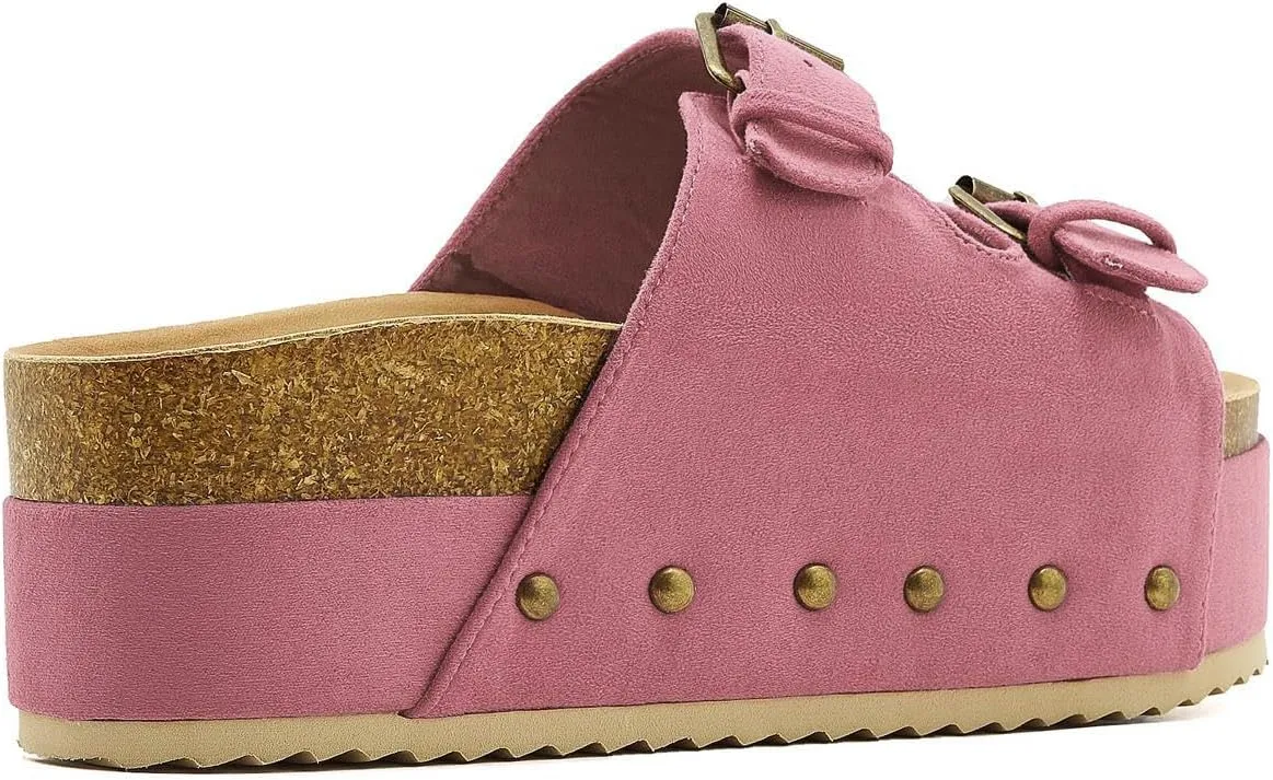 Women's Platform Slide Sandals Comfortable Cork Footbed Studded Clogs Adjustable Buckle Straps Open Toe Flatform Sandal Summer Slipper