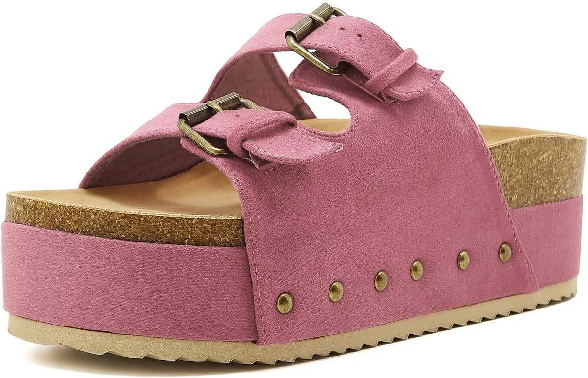 Women's Platform Slide Sandals Comfortable Cork Footbed Studded Clogs Adjustable Buckle Straps Open Toe Flatform Sandal Summer Slipper