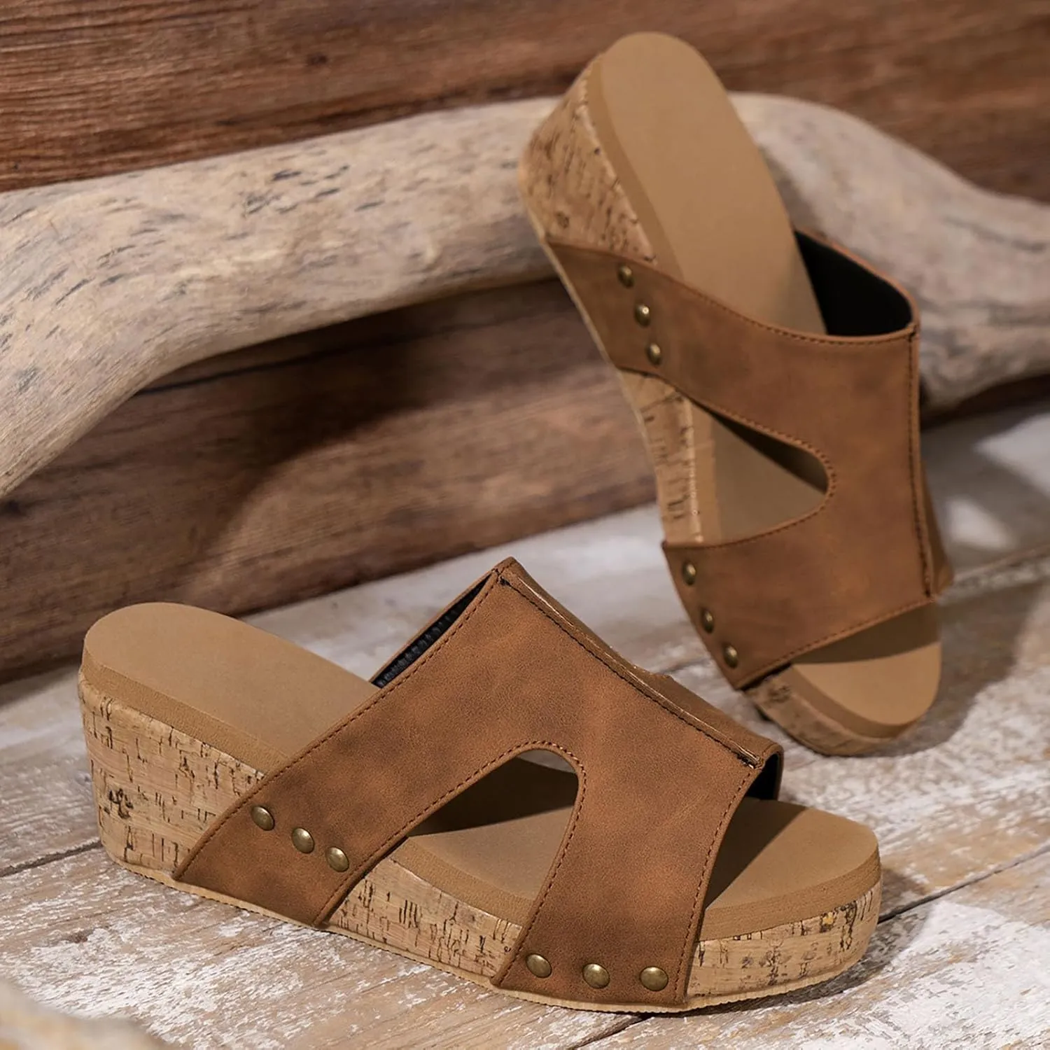 Women's Platform Wedge Sandals Open Toe Slip On Slides Cork Heeled Cutout Comfortable Slide Sandals Casual Dressy Summer Shoes
