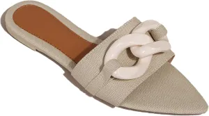 Women's Pointed Open Toe Flat Sandals with Chunky Chain Decor Slip-on Non Slip Beach Slides Sandals Casual Breathable Walking Slippers